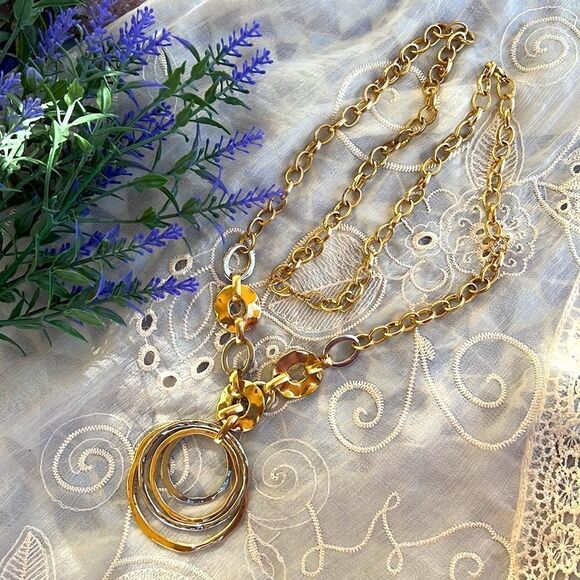Mixed Metals Long Circles Boho Lagenlook Necklace - Picture 2 of 6